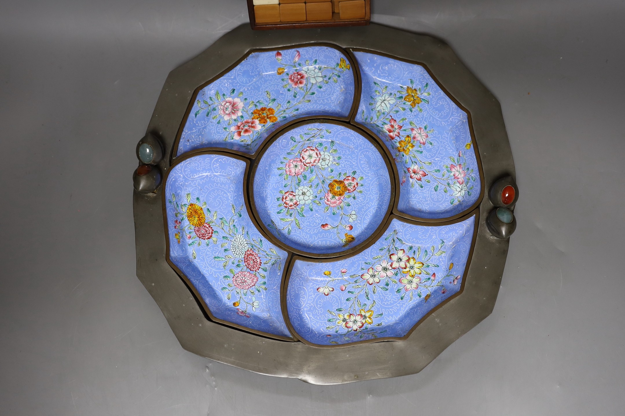 An early 20th century Chinese Guangzhou enamel supper set in a pewter tray, 35cm and a boxed set of bamboo and bone dominoes